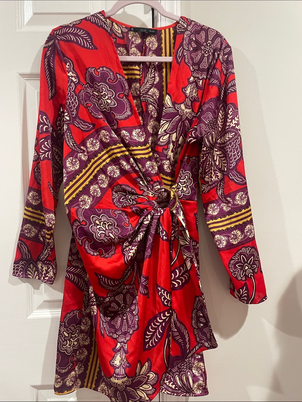 Mango Women’s Red and Purple Floral Wrap Dress with Cream Bloom Print Size 8
